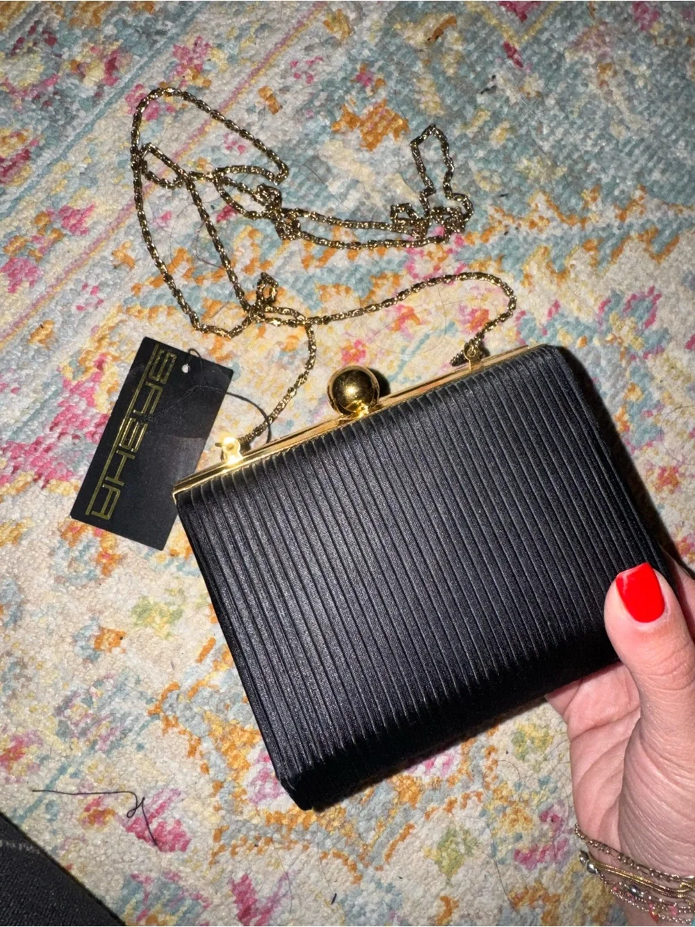 Sasha Black Ribbed Evening Clutch with Gold Frame